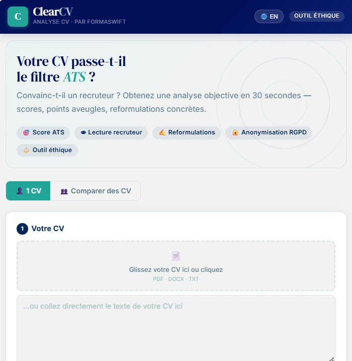 Aperçu de l'outil ClearCV — Analyse ATS par FormaSwift