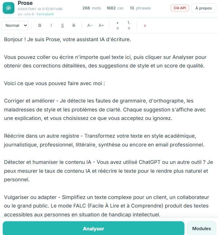 Aperçu de l'outil Prose — Assistant IA d'écriture par FormaSwift