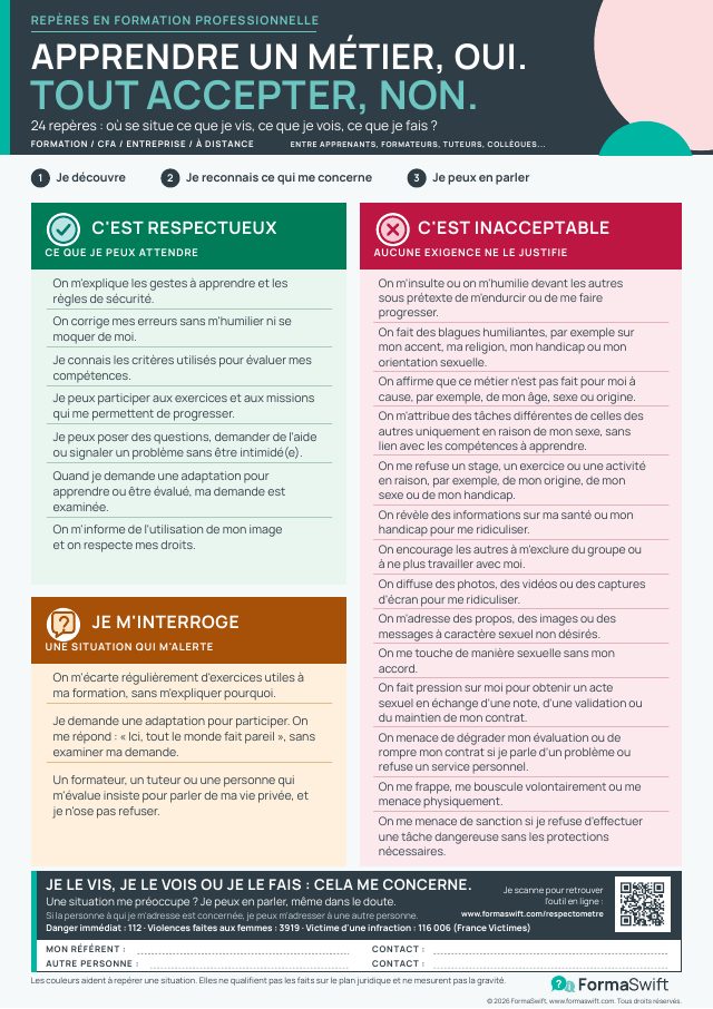 Aperçu de l'affiche A3 du Respectomètre : titre « Apprendre un métier, oui. Tout accepter, non. », trois colonnes colorées C'est respectueux, Je m'interroge et C'est inacceptable, et encadré d'aide en bas