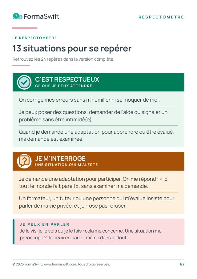 Aperçu de la carte A5 du Respectomètre : « 13 situations pour se repérer », avec les zones C'est respectueux et Je m'interroge
