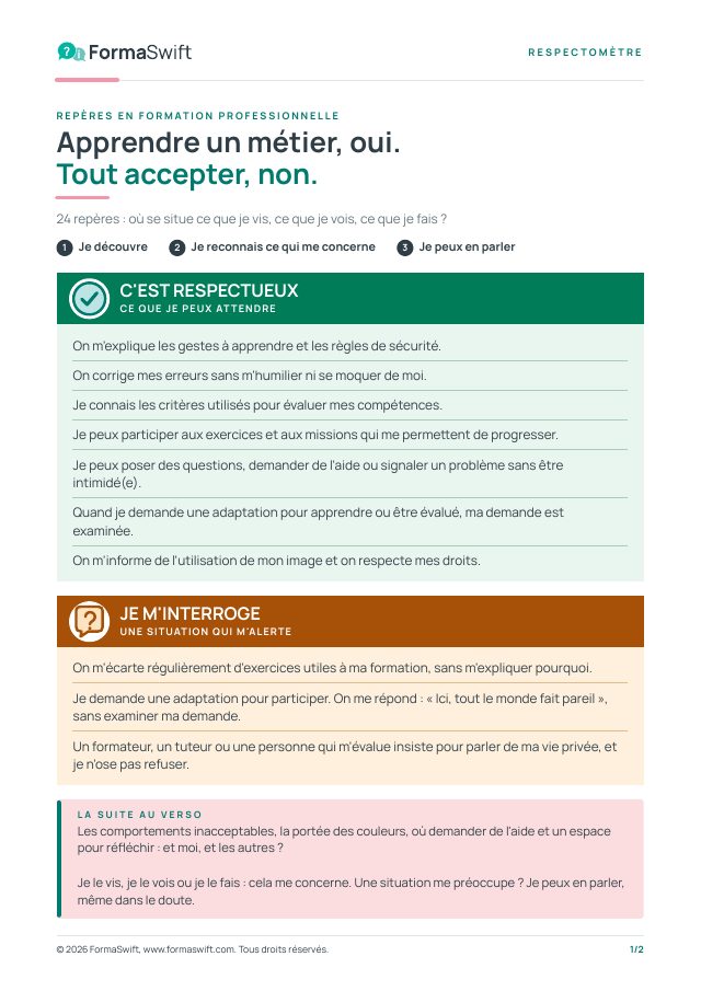 Aperçu de la fiche A4 du Respectomètre : les repères C'est respectueux et Je m'interroge sur le recto, la suite au verso